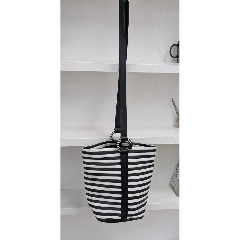 I. Magnin Vintage Black White Striped Leather Shoulder Bag Made in Italy